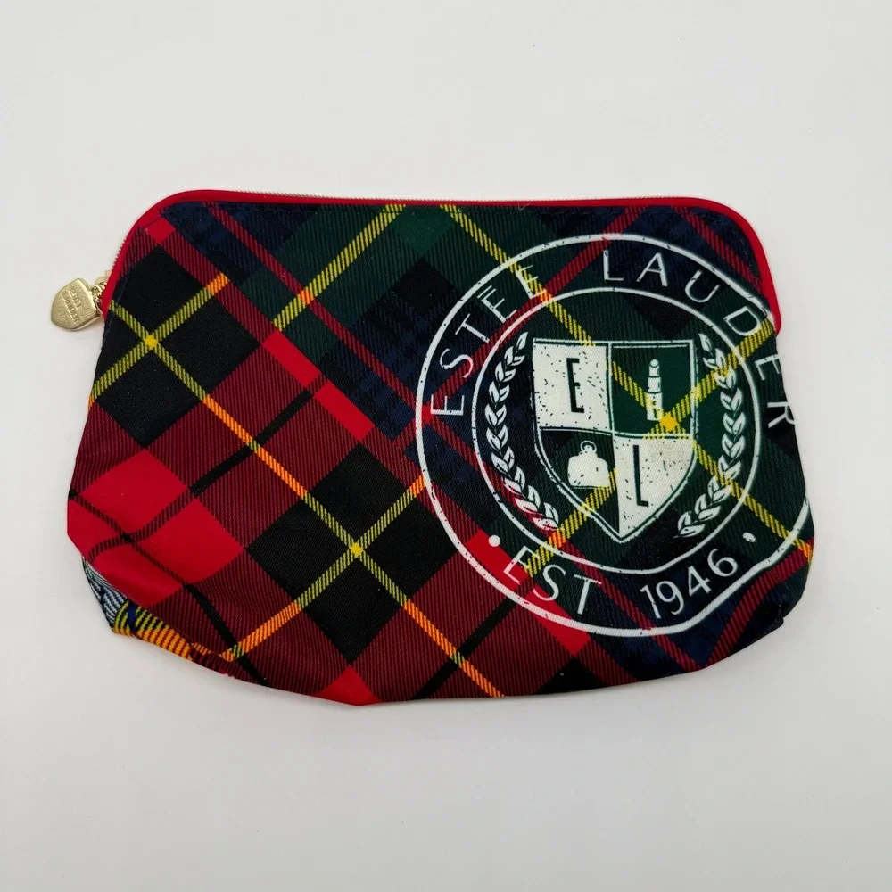 Estee Lauder Makeup Bag Multicolor Plaid Crest Recycled Pouch